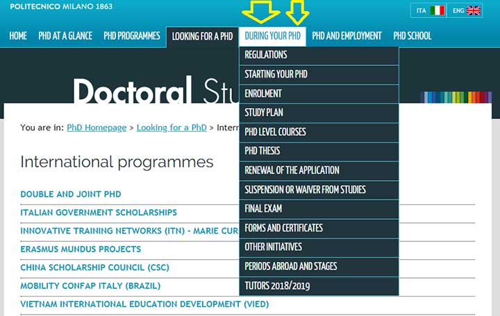 بخش DURING YOUR PHD سایت دانشگاه پلی‌تکنیک میلان