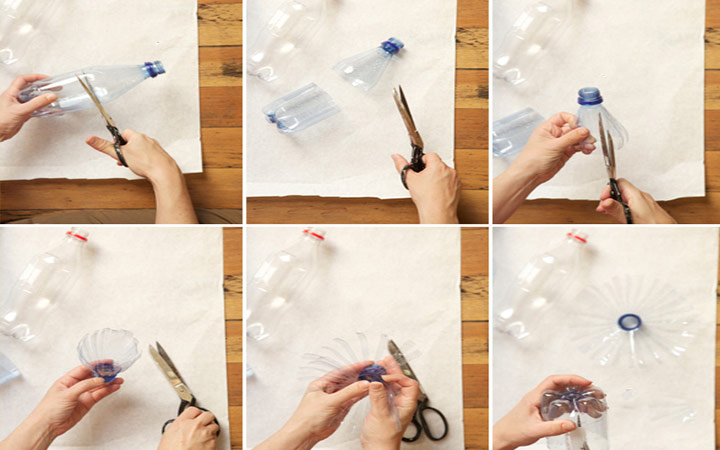 آموزش ساخت لوستر در خانه با بطری پلاستیکی - بریدن بطری ها