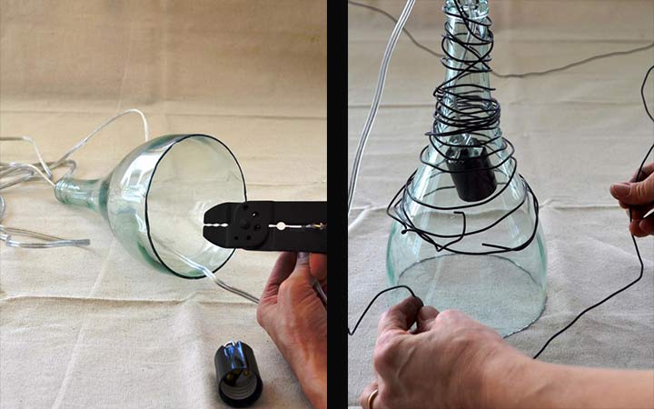 آموزش ساخت لوستر در خانه با بطری شیشه‌ای - پیچیدن سیم‌ها