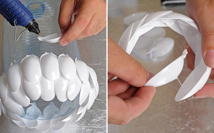 آموزش ساخت لوستر در خانه با قاشق پلاستیکی - چسباندن قاشق ها