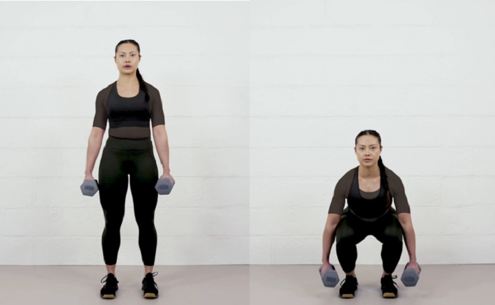 ورزش با دمبل؛ ۲۷ تمرین ورزشی برای تقویت عضلات با دمبل 20 ورزش با دمبل - اسکوات چمدان