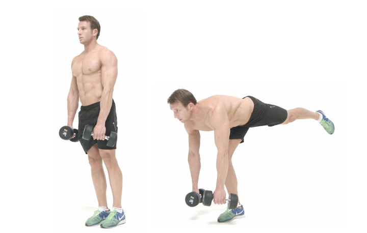 ورزش با دمبل؛ ۲۷ تمرین ورزشی برای تقویت عضلات با دمبل 24 ورزش با دمبل - ددلیفت دمبل تک پا