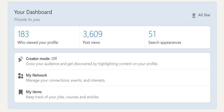 Dashboard section of the user page on LinkedIn