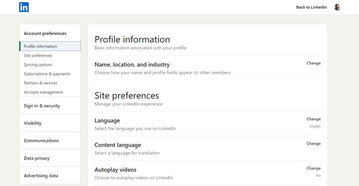 LinkedIn settings and privacy section