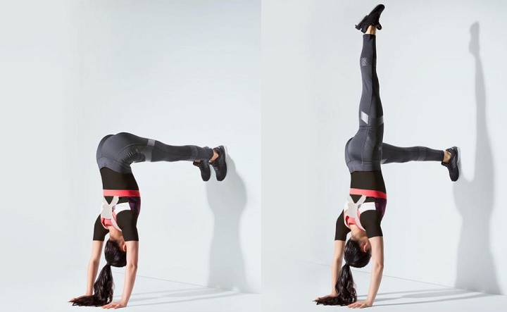 ورزش با دیوار؛ ۱۶ حرکت ورزشی برای خانه یا محل کار 15 ورزش با دیوار - حرکت پایک با بالابردن پا