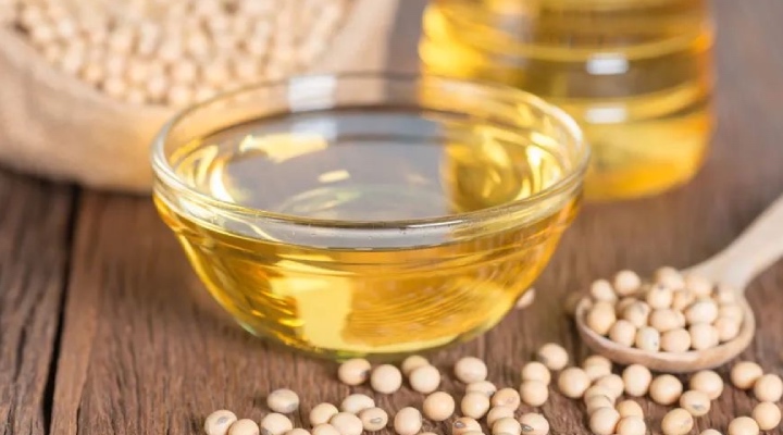 یک کاسه روغن سویا در کنار دانههای آن