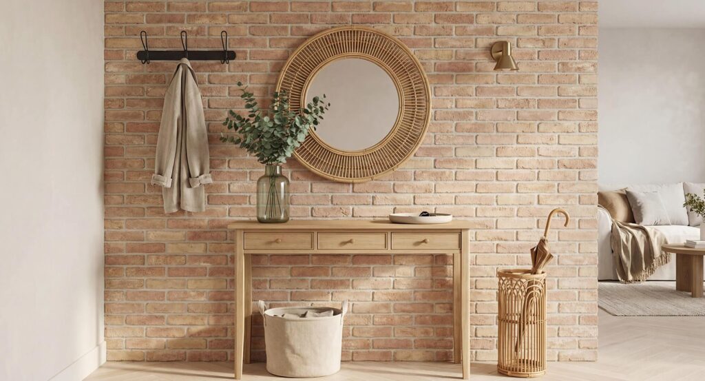 آجر در کنار کابینتهای چوبی و جزئیات مشکی؛ مناسب برای نمایش ترکیب زیبایی و کاربرد.